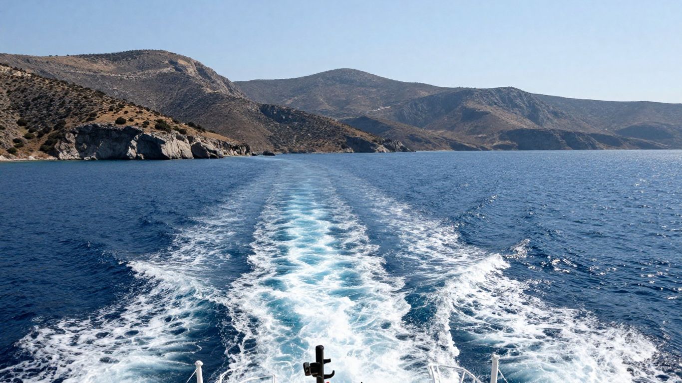 Ferry sailing across blue Aegean Sea towards Amorgos island.