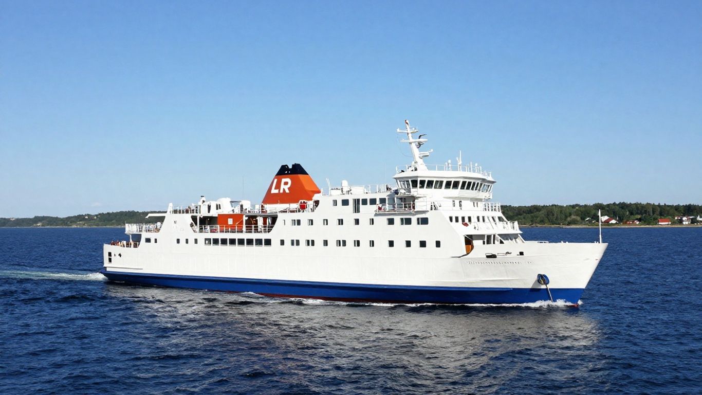 Ferry sailing across the sea towards land.
