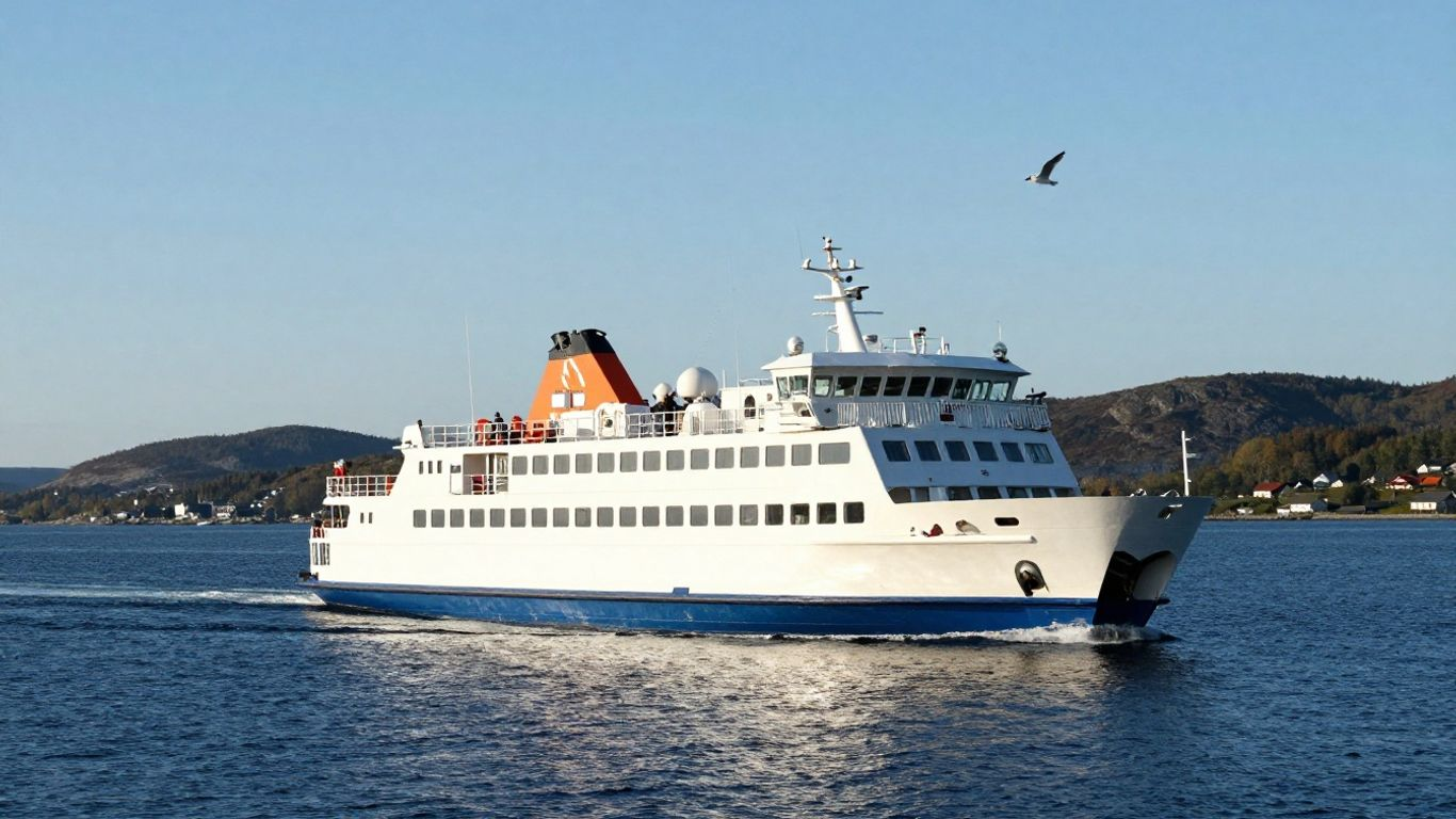 Ferry sailing across blue sea towards Norway.