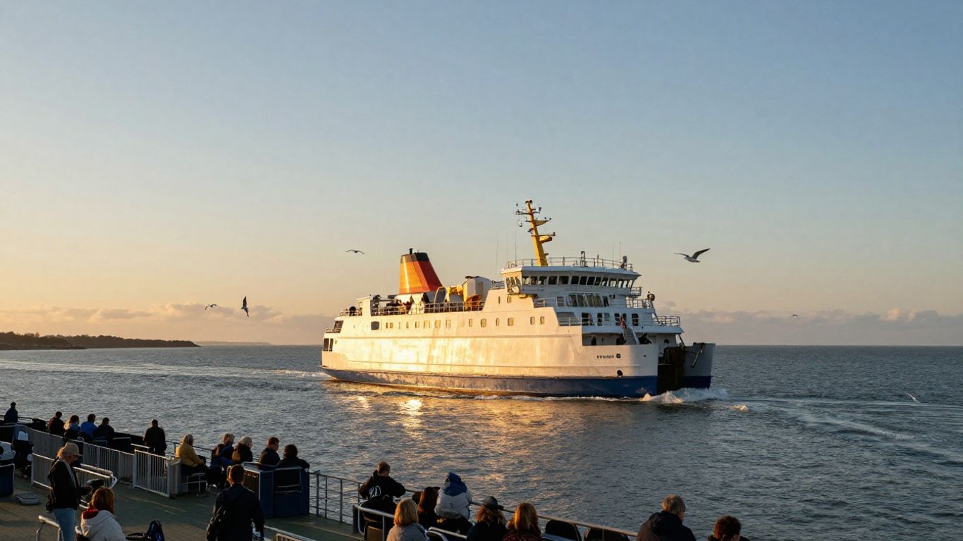 Modern ferry crossing North Sea at sunset with passengers