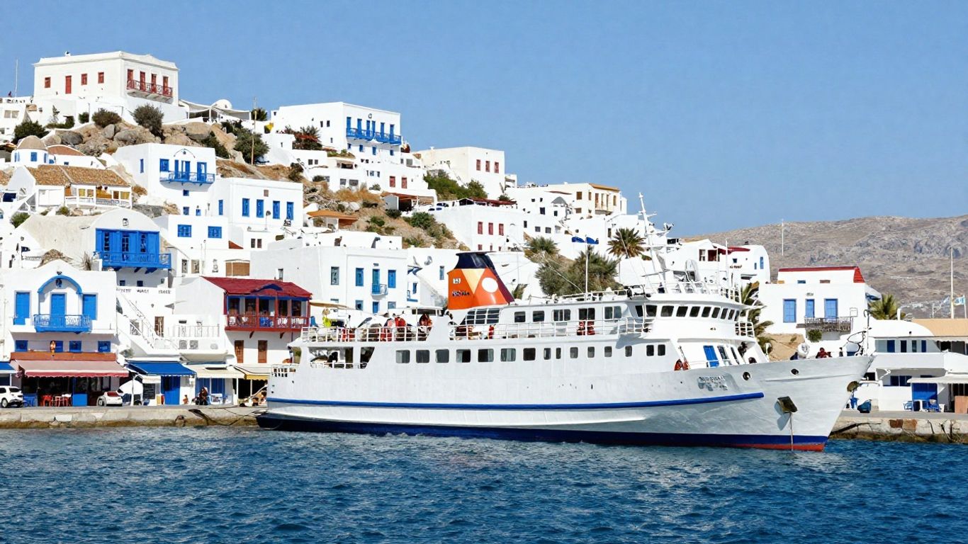 Ferry boat docked at a sunny Greek island port.