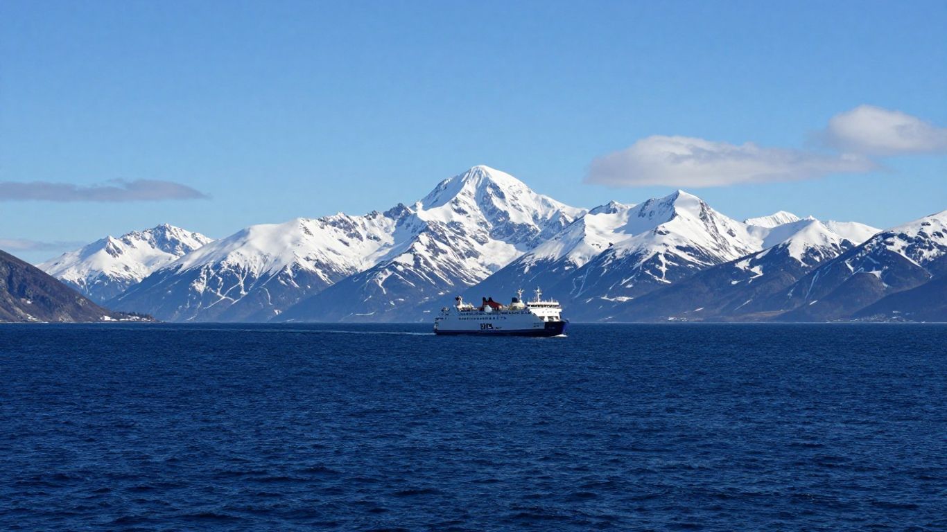Ferry sailing towards mountains from Hirtshals to Bergen.