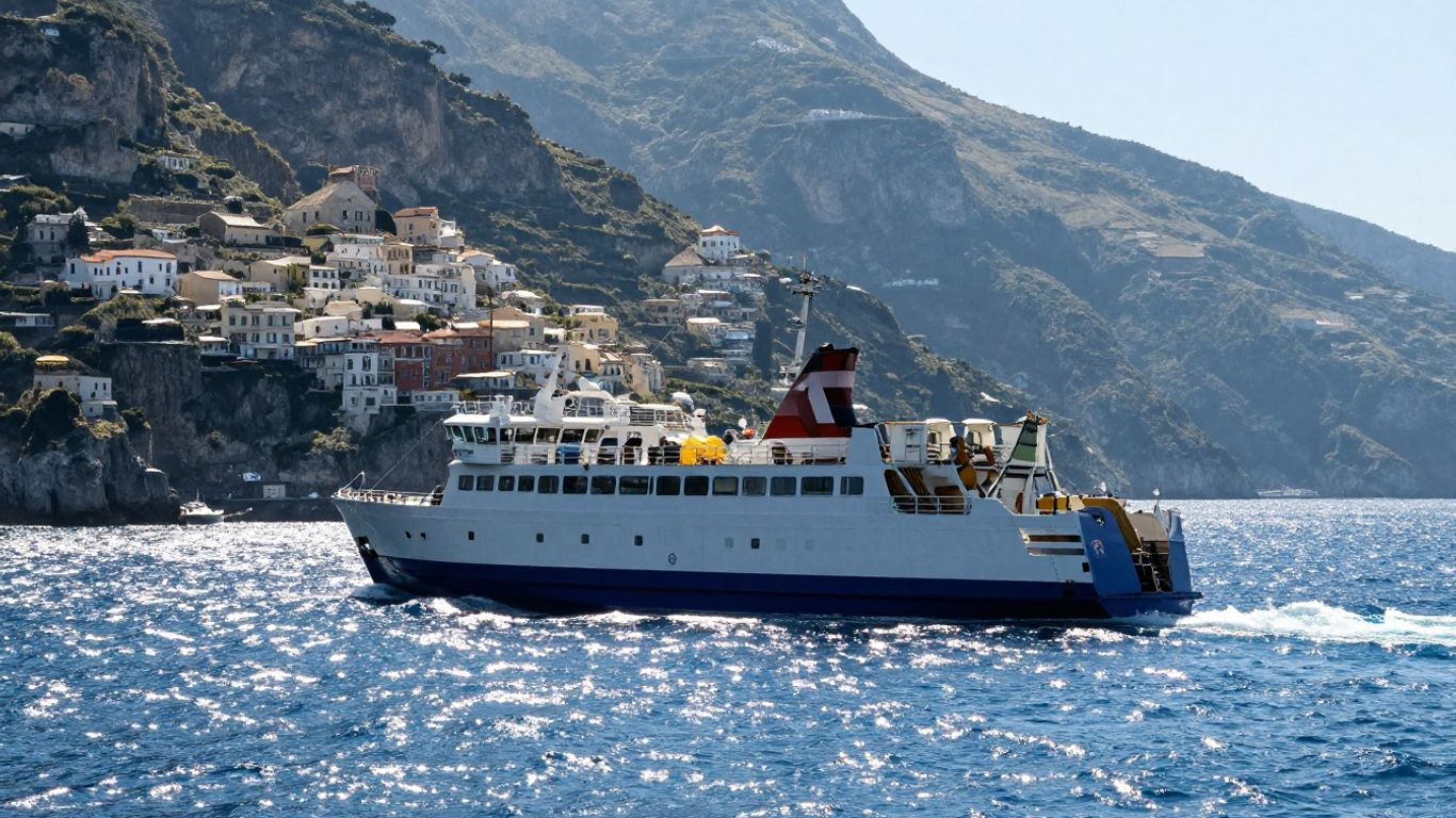 Ferry sailing between Salerno and Sorrento coastlines.