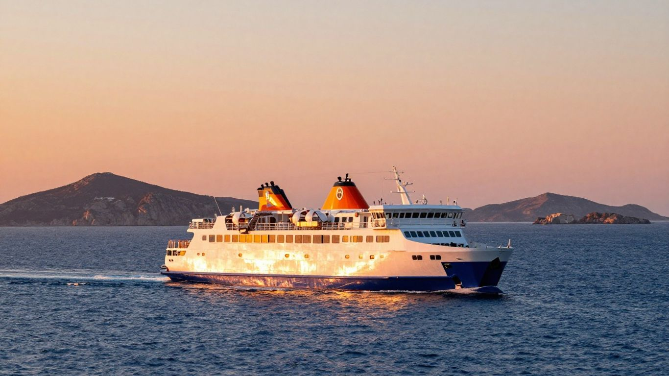 Ferry sailing across blue sea at sunset