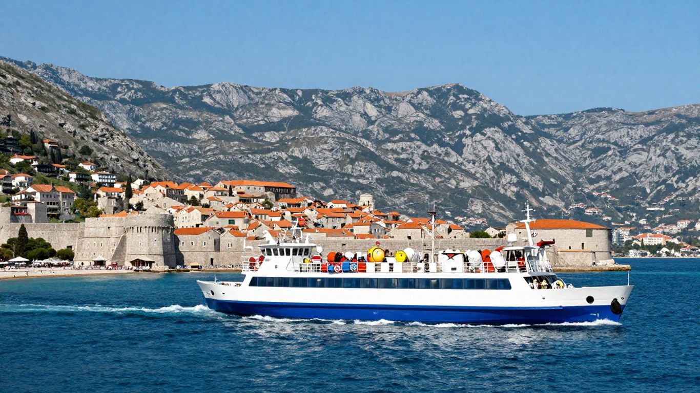 Ferry sailing from Dubrovnik towards Montenegro's mountains.
